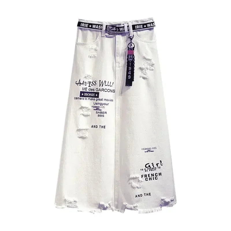 Denim Long Skirts Letter Print