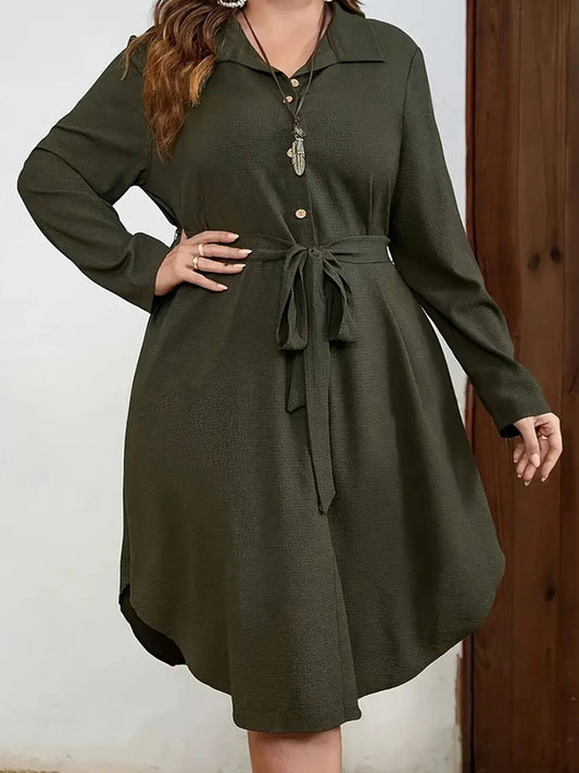 Women Plus Size Dress  V-Neck Long sleeve Midi Dress Summer Boho Beach Party Dress with Pockets and Tie Belt