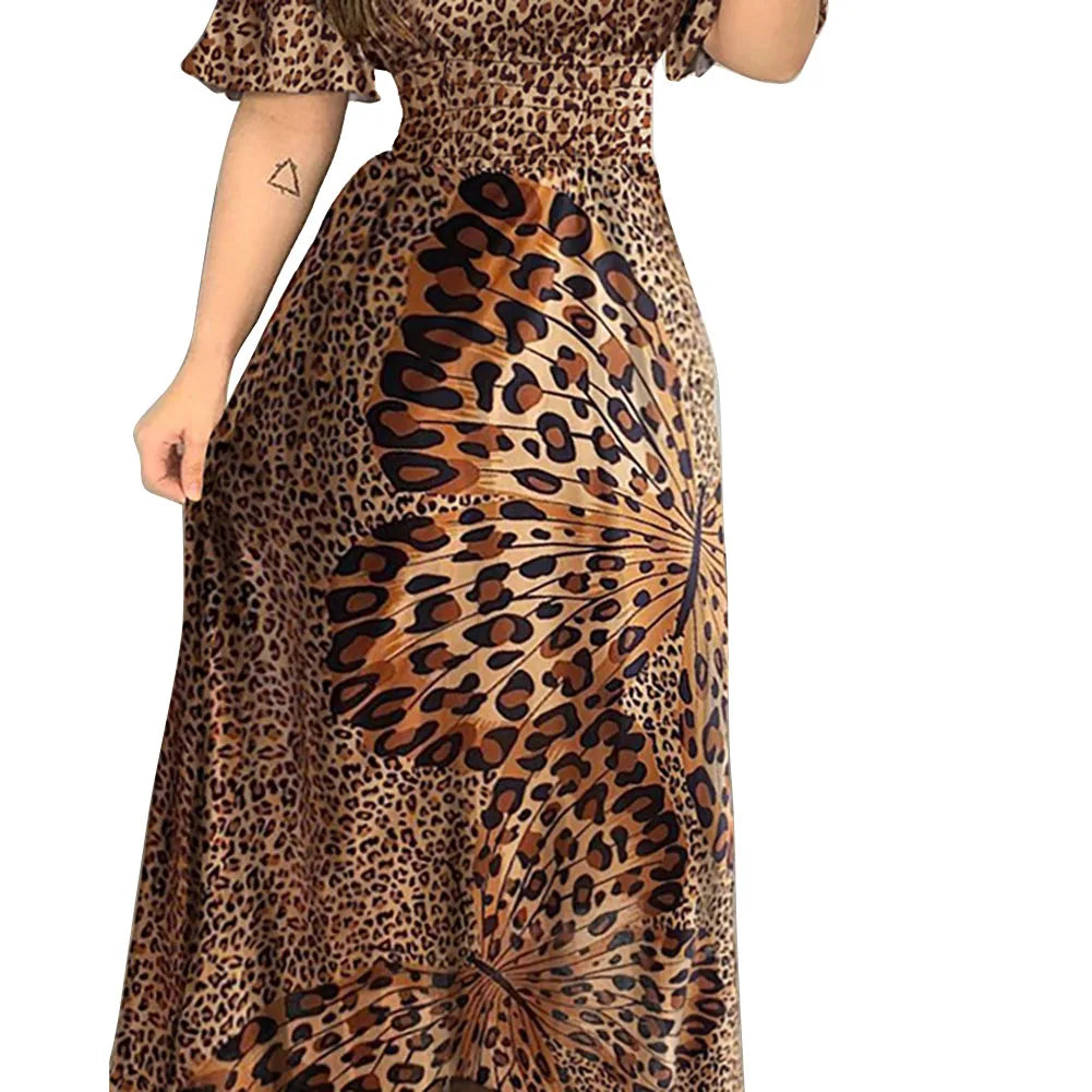 Maxi Dress with Ruffled Off-Shoulder Design and Chic Leopard Print Pattern