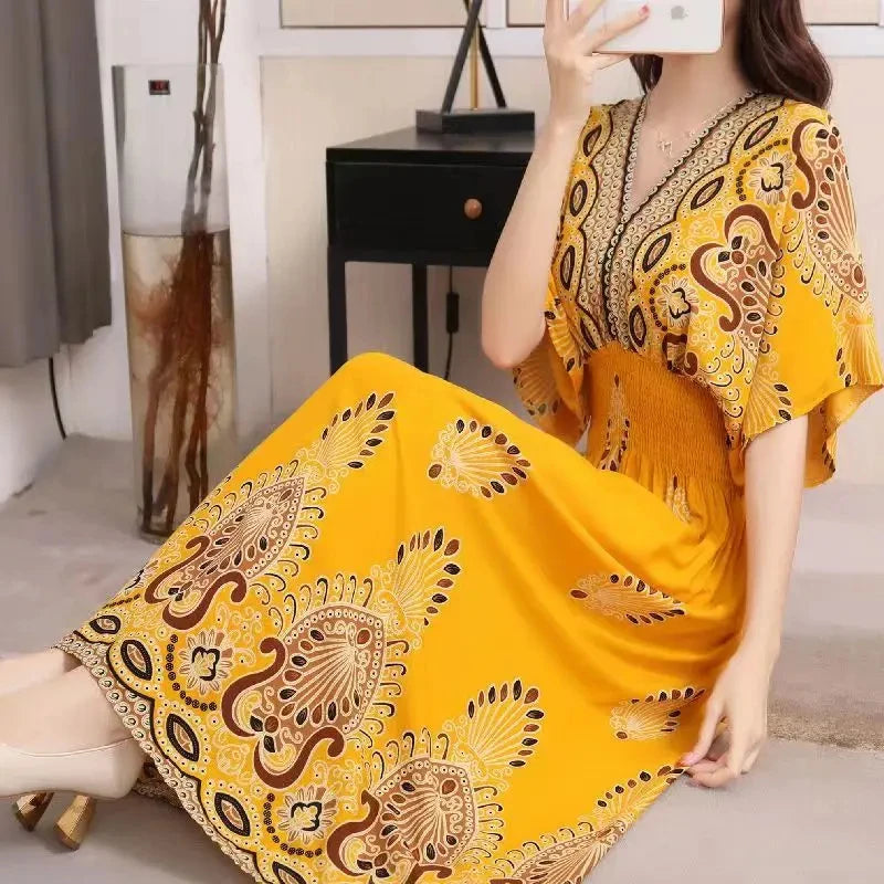 Colorful Flower V-neck Elastic Youthful Bohemian Sweet Midi Dress Woman Clothes Chic Fashion Summer Dresses