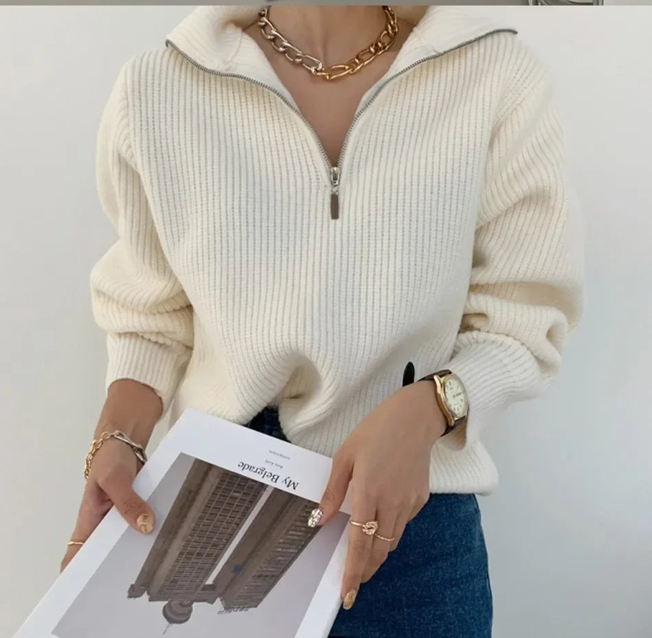 Fashion Women's Turtleneck Zippers Solid Loose Women Sweaters Pullover Long Sleeve Casual Knitted Sweater Woman