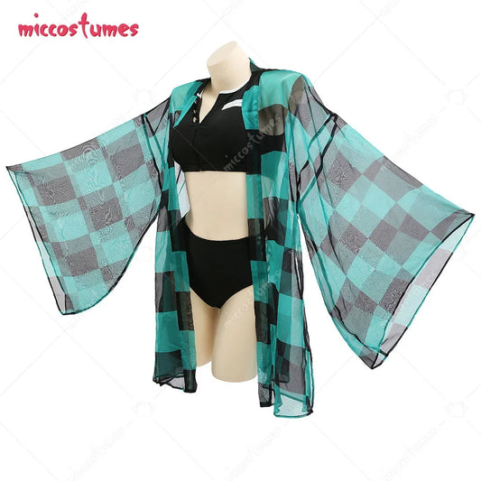 Two Piece  Swimsuit V Neck High Waist Lace Up Bathing Suit Swimwear Kimono Cover Up
