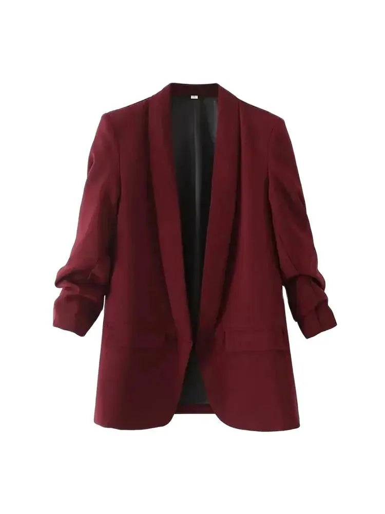 Fashion Office Wear Open Blazer  Vintage Long Pleated Sleeves Flap Pockets Female Outerwear Chic Tops