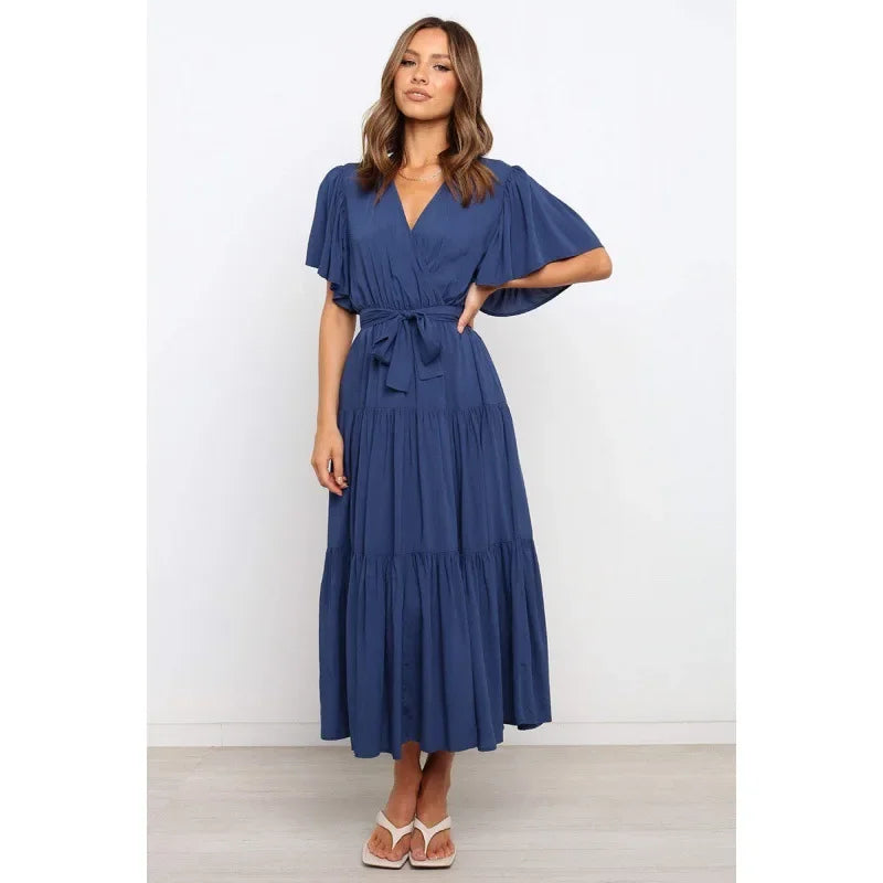 Bohemian V-Neck Short Sleeve Waist-Cinched Dress Skirt Dress