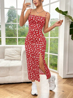 Long Dress Strapless Wrap Chest; High Slit Daisy Print Wrap around Skirt Maxi Dress