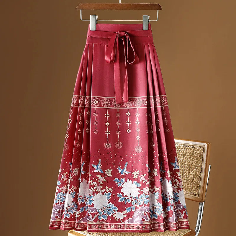Vintage Maxi Chinese Style Horse Face Skirts  Pleated