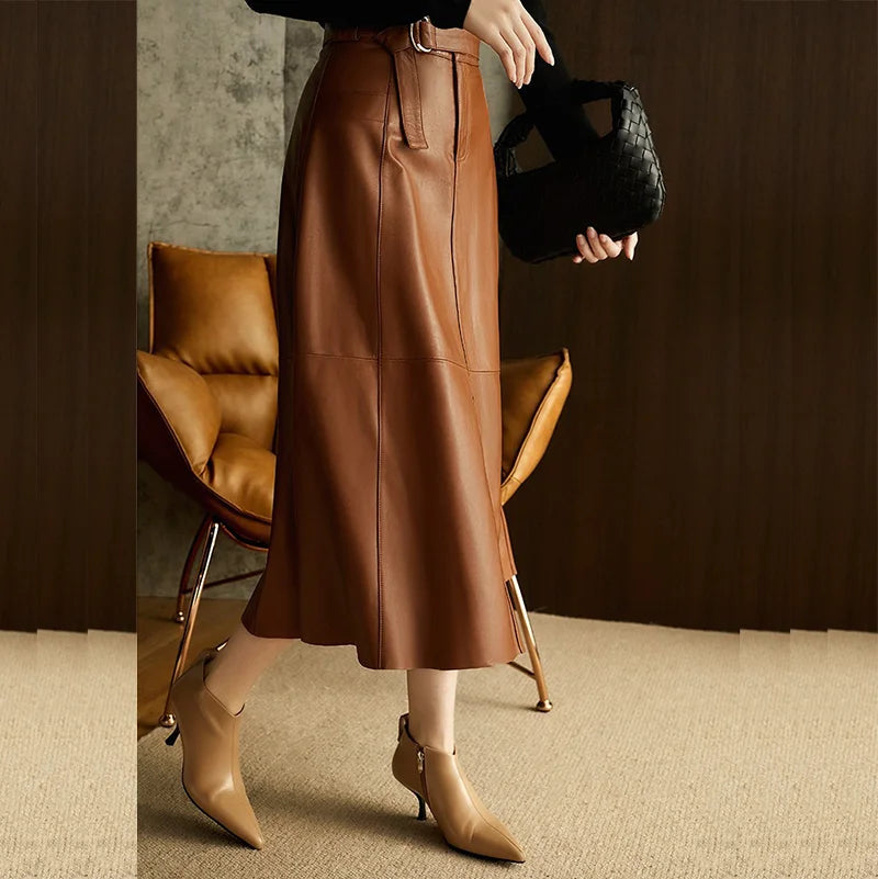 Vintage Brown High Waist A-Line  Leather Skirt with Belts
