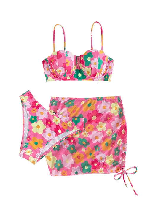 Women 3pcs Swimsuit Set Floral  Push Up Bra and Elastic Briefs Cover Up Skirt Beachwear Bathing Suit