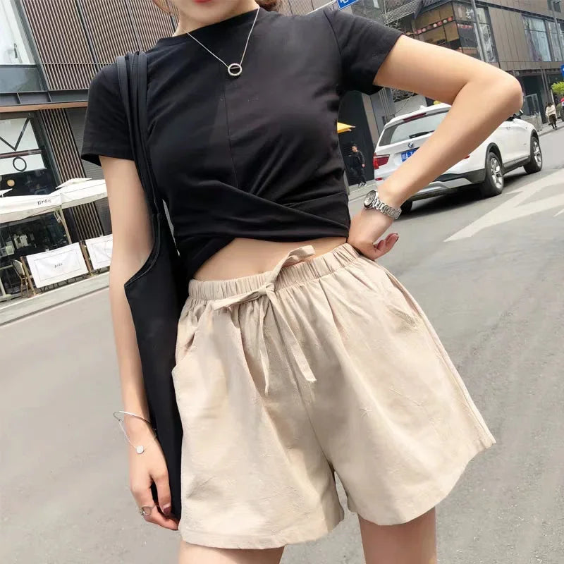 Casual Linen Shorts Women Gym Workout Shorts Cotton Short Pants High Waisted  Ladies Short