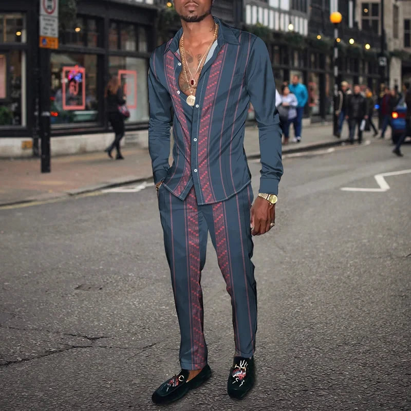 Retro Men's Shirt Suits 3D Luxury Print Fashion Men Casual Breathable Men's Lapel Long Sleeve Shirt Long Pants2 Pcs Set