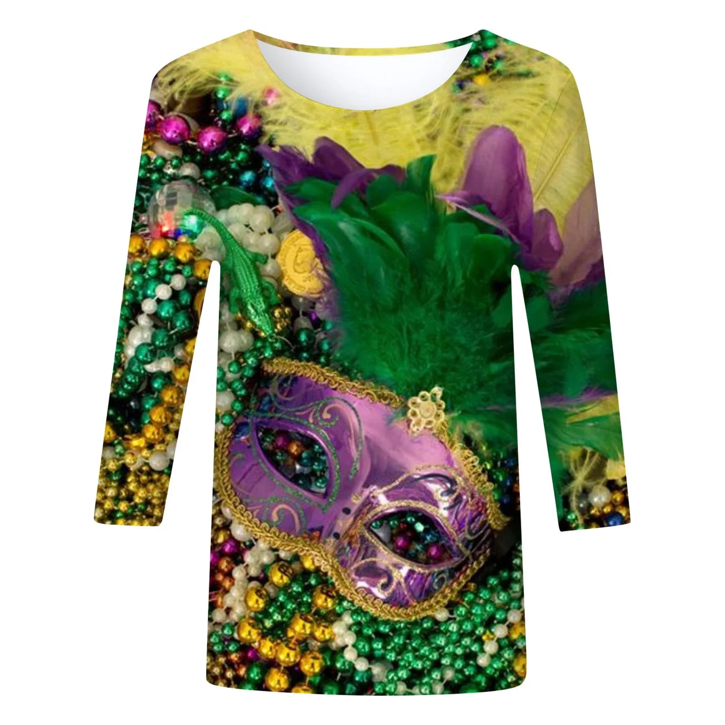 Carnival Printed Women Casual T-Shirts Spring Summer 3/4 Sleeve Round Neck Mardi Gras Clothing Plus Size Festival Party Tees Top