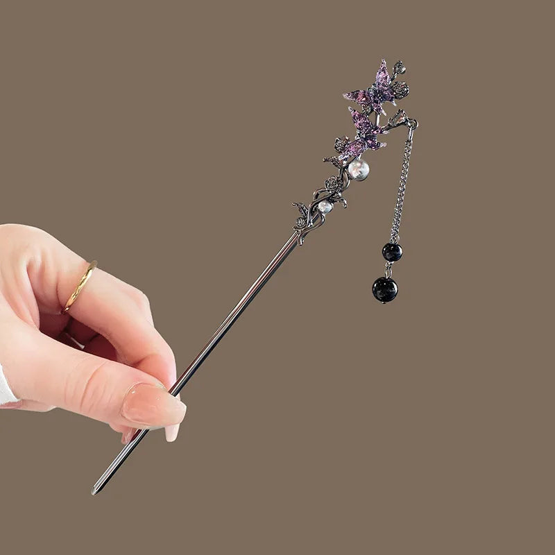 Modern Hair Stick Ink Flower Metal Tassel Hairpin Forks For Women  Beads Fringe Hair Clasp
