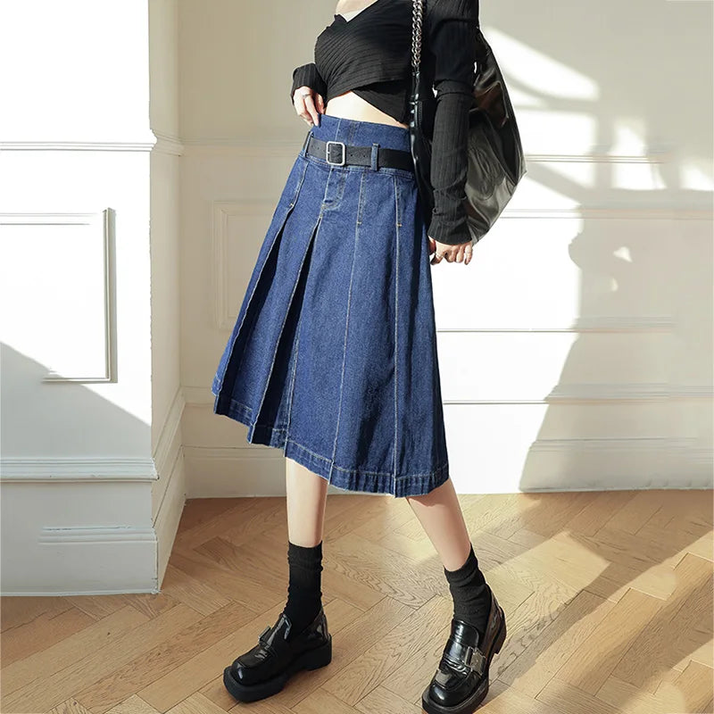 Denim Pleated  Vintage  High Waist A-Line Jeans Skirt Casual