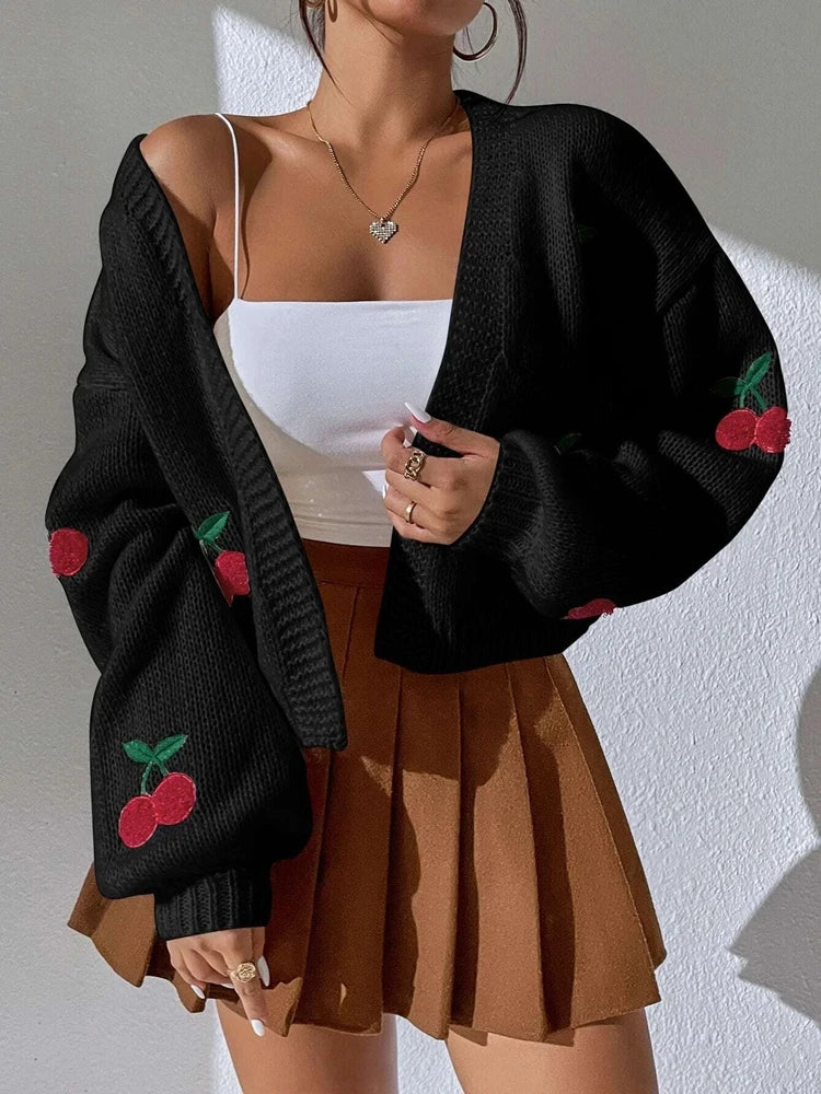 Fashionable low shoulder cherry embroidery pattern cardigan commuter sweater women's loose jacket knitted sweater