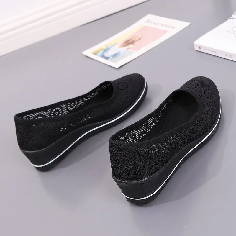 Lace Hollow Breathable Shoes Flat Mid Wedge Heel Women's Summer Beauty Shoes Size 34-41