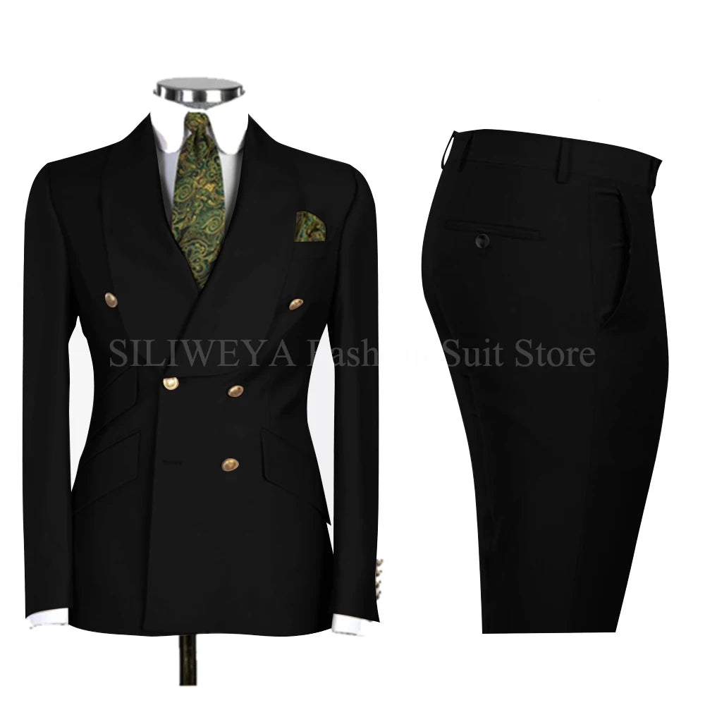Gold Men Business Casual Men's Suits Jacket Pants Set Male Blazer Coat Pants 2PCS Slim Fit Suits