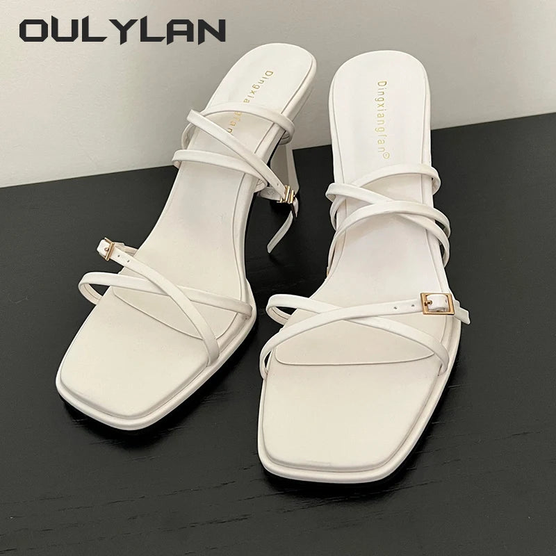 Breathable Sexy Party Shoes Ankle Buckle High Heel Sandals  Front Cross Strap Open Toe Square Toe