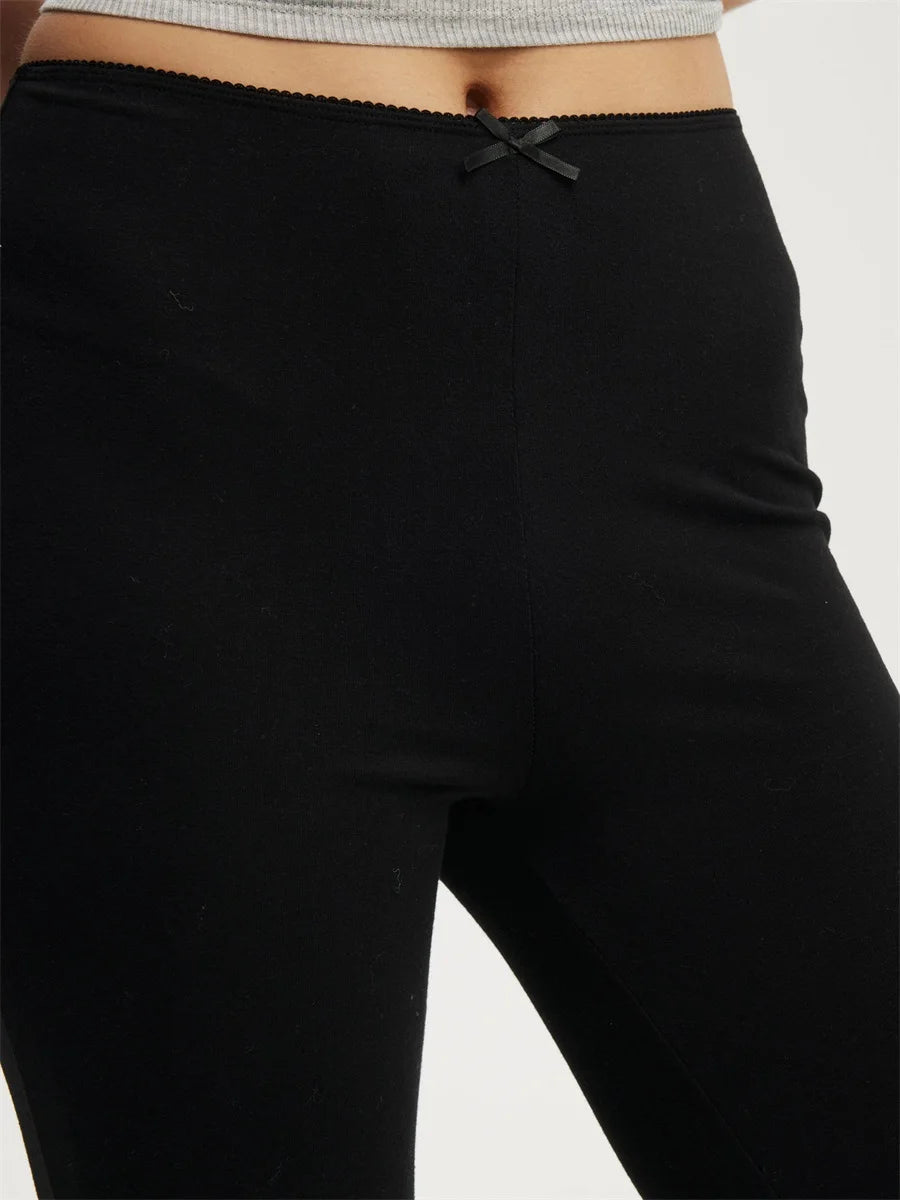 Women s Mid Waist Leggings with Solid Color Elastic Waist and Ruffled hem Casual Fashion Comfortable