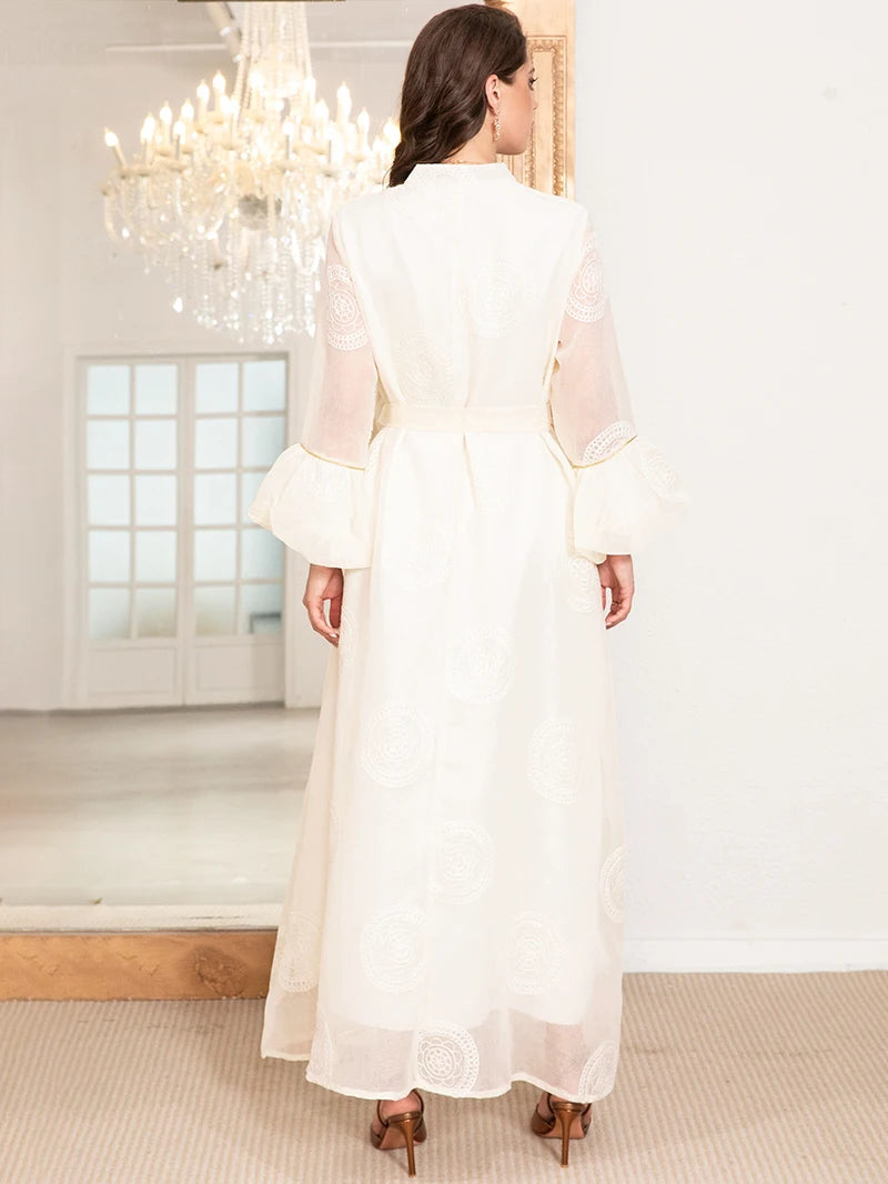 Elegant High Neck Dress with Polka Dot Jacquard Embroidery & Lantern Sleeves