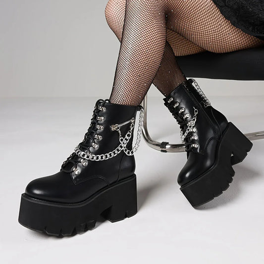 Gothic Ankle Boots Platform Chunky Heel Chain Punk Fight Biker Boots