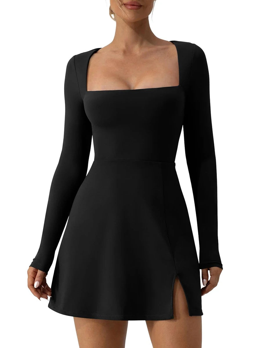 Short Dress Solid Color Long Sleeve Square Neck Split Hem Party Dress