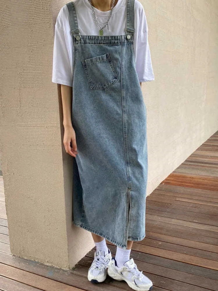 Denim Overall Dress Women Sleeveless Jeans Dresses Fashion Female Solid Slip Casual Loose  Strap Dresses