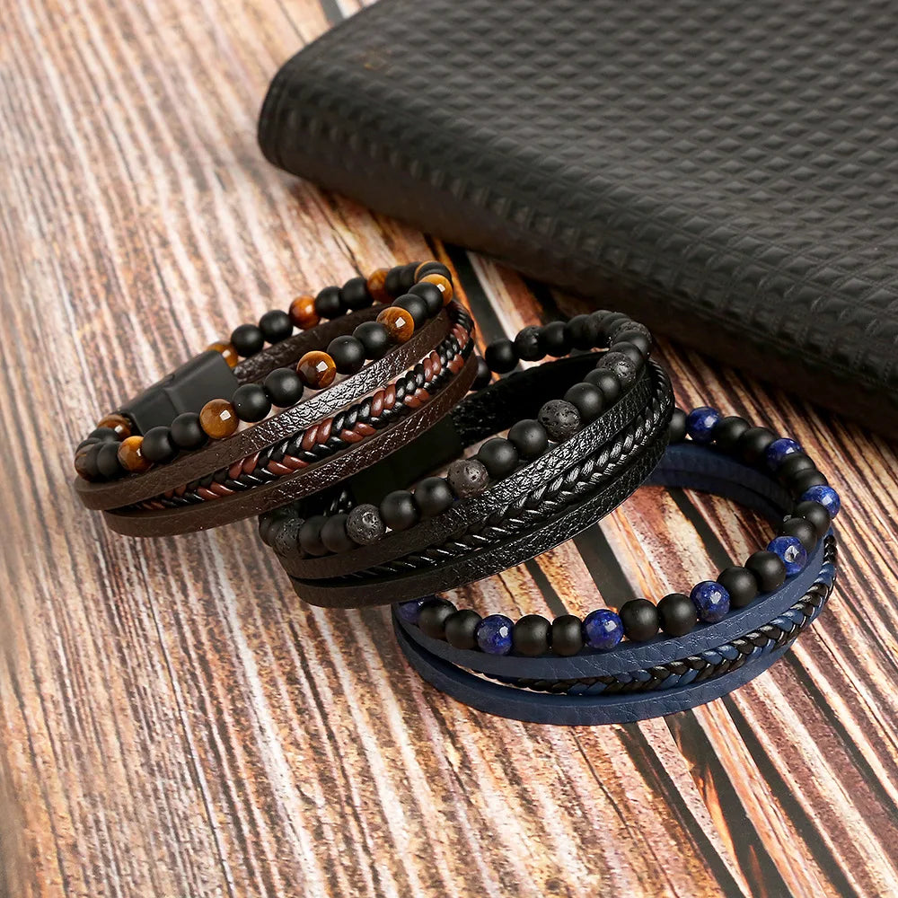 Hot Fashion Beads Leather Bracelet Men Classic Tiger Eye Beaded Multi Layer Leather Bracelet For Men Jewelry