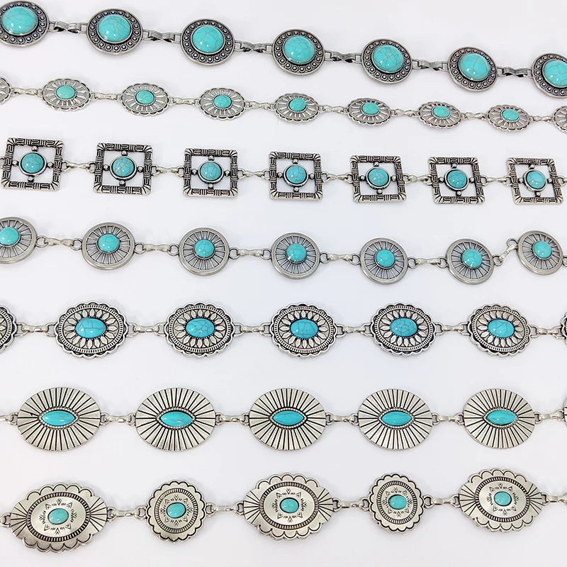 Fashion Silver Bohemian female circular waist chain luxury turquoise gemstone Ellipse chain belts for women