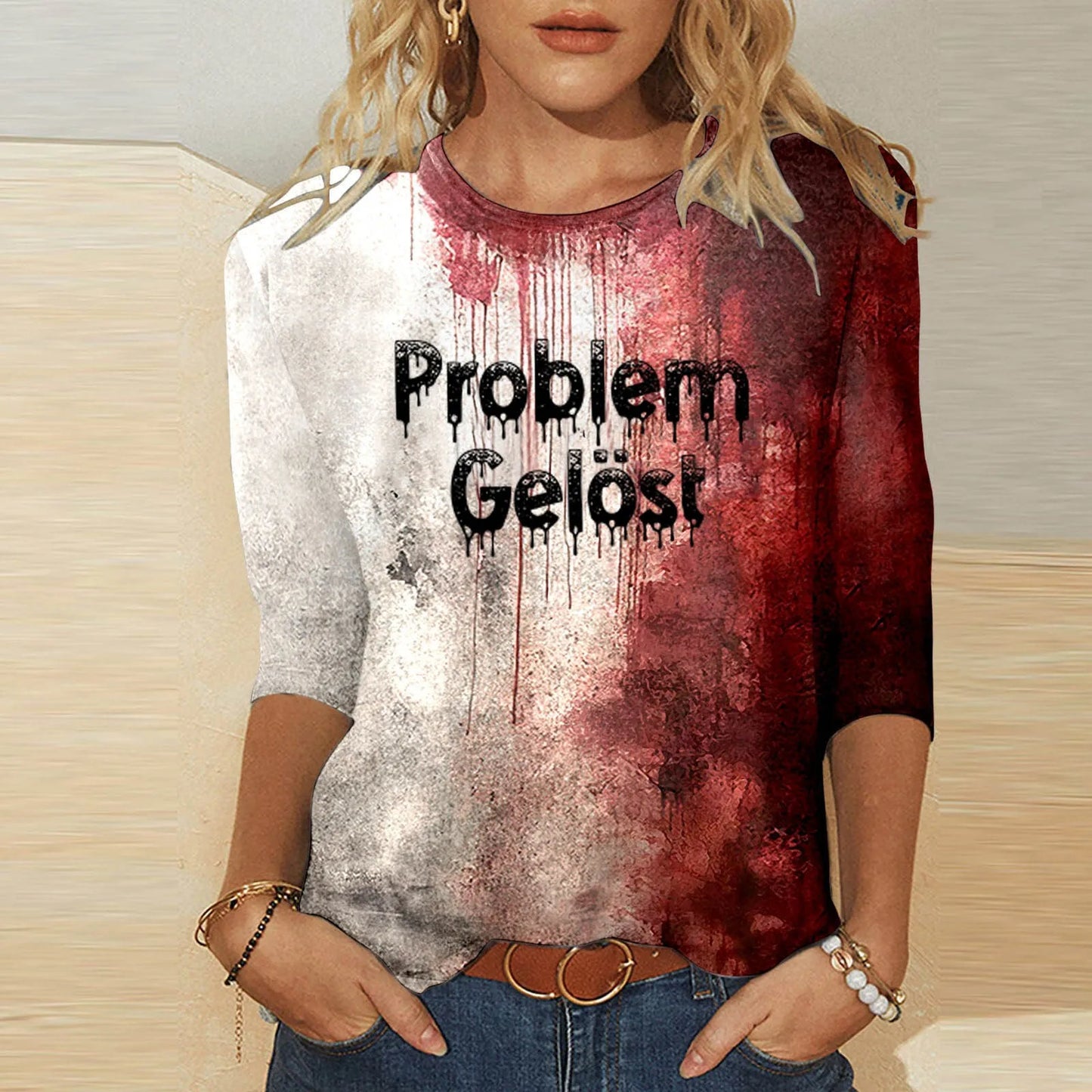 Bloody Fonts T-Shirt Halloween Ladies Printed Long Sleeve Crew Neck T Shirt Top Distressed