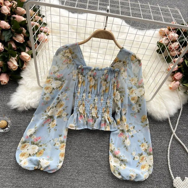 Elegant Floral Printed Chiffon Square Collar Slim  Lantern Sleeve Blouse