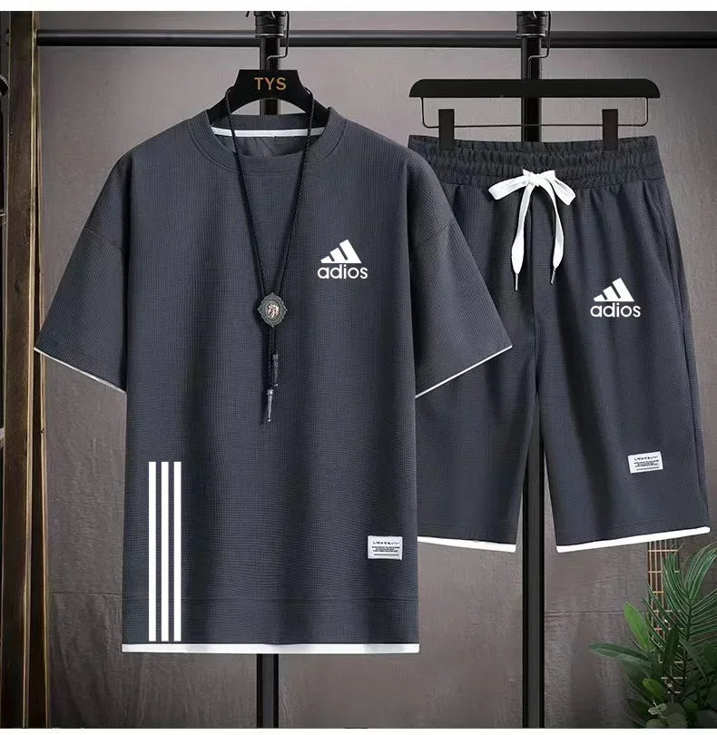 Fashionable casual trend men's sport suit short-sleeved T-shirt and outdoor summer sport shorts two-piece size M-3XL