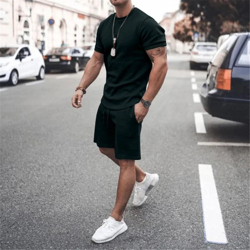 Solid Color Europe and The United States Men's  Summer  Short Sleeve T-shirt  +Shorts 2pcs Set Leisure Sports Men Suit