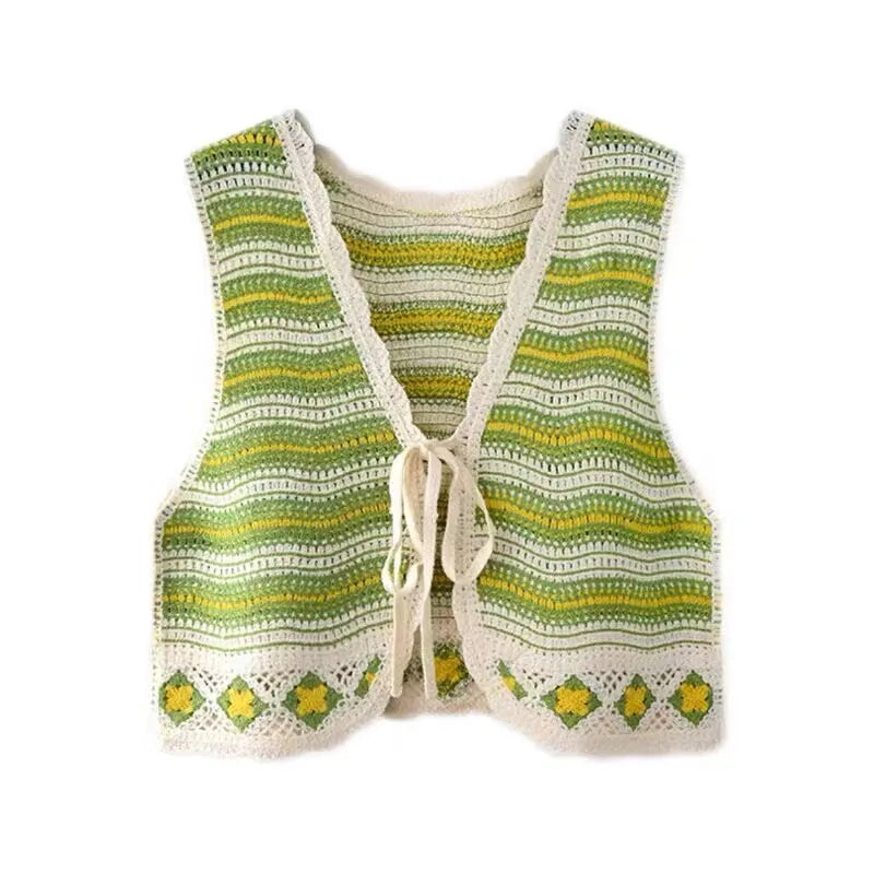 Sexy Hollow Out Knit Tank Tops Women Color block  V Neck Floral Camisole Female Beach Style Crop Top