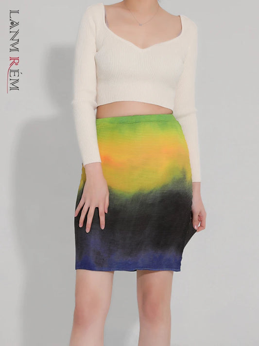 Color Block Pleated Short Skirt