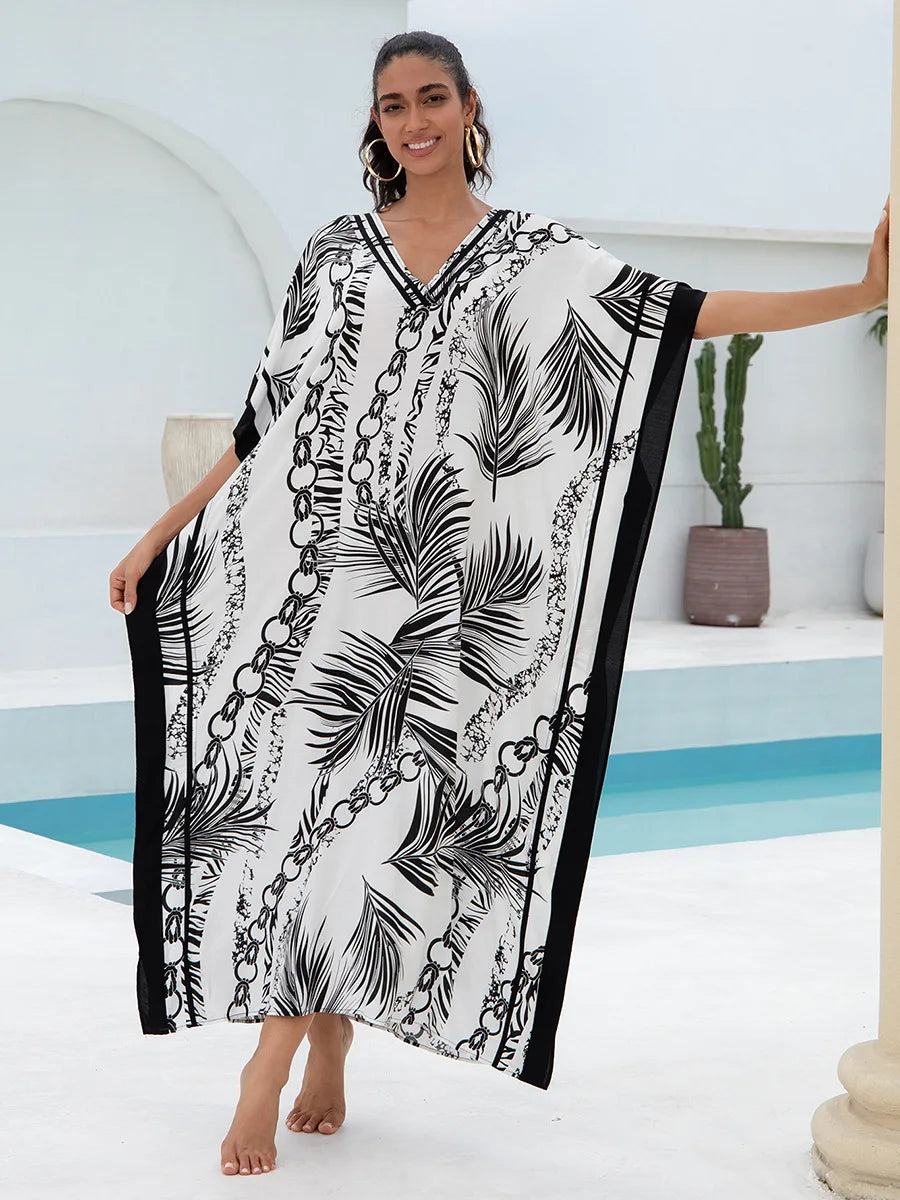 Leaf and Chain Print Women Loose Fitting Long Robe Beach Vacation V-neck Sunscreen Clothing