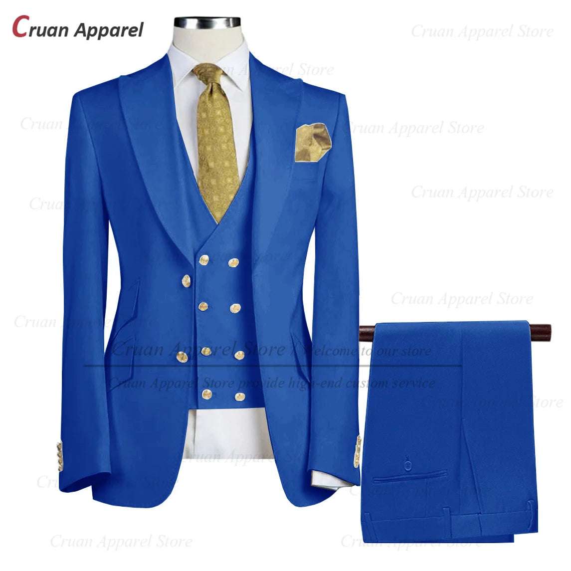 Tailor-made Brand Suits for Men Slim fit Prom Wedding Groom Tuxedo Set Party Gold Buttons Blazer Vest Pants 3 Pieces