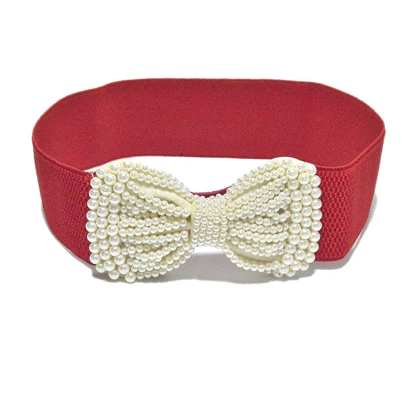 Women's Elastic Wide Belt Pearl Waist Cover Versatile Dress Decoration High Quality Wide Pearl Bow