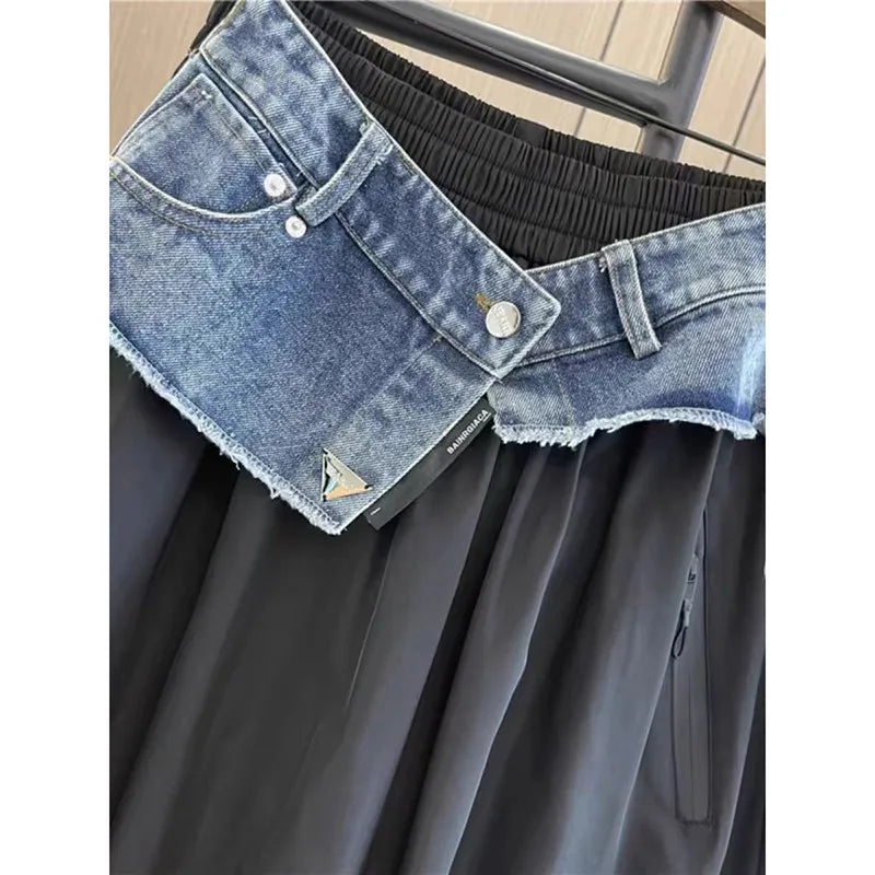 Loose Casual Cotton Denim Patchwork A-line Mid-calf Elastic Waist Skirt