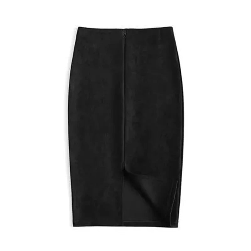 Suede  Knee Length High Waist Office Skirt