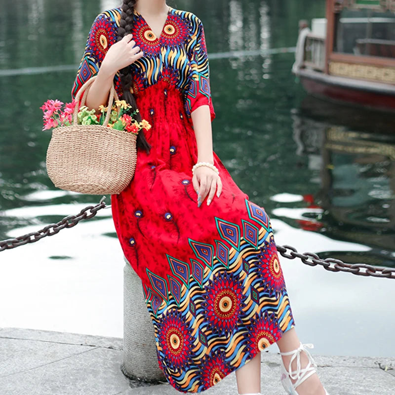 Colorful Flower V-neck Elastic Youthful Bohemian Sweet Midi Dress Woman Clothes Chic Fashion Summer Dresses