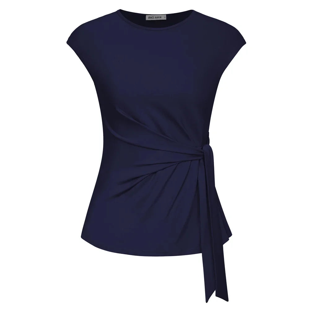 Front Bow Knot  Cap Sleeve Crew Neck Pullover