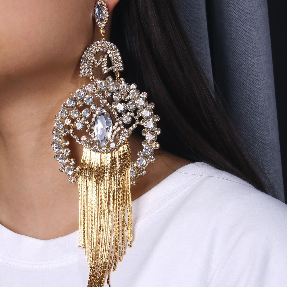 Exaggerated Rhinestone Water Drop Tassel Earrings Crystal Long Tassel Earring