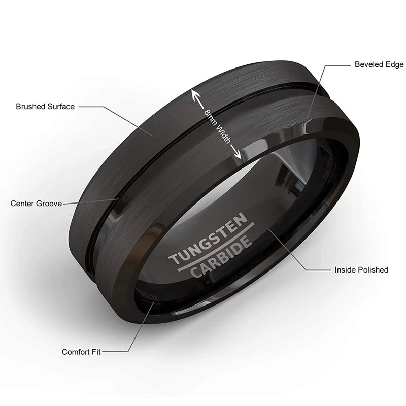8mm Men Rings Jewelry Black Groove Matte Stainless Steel Wedding Rings Jewelry