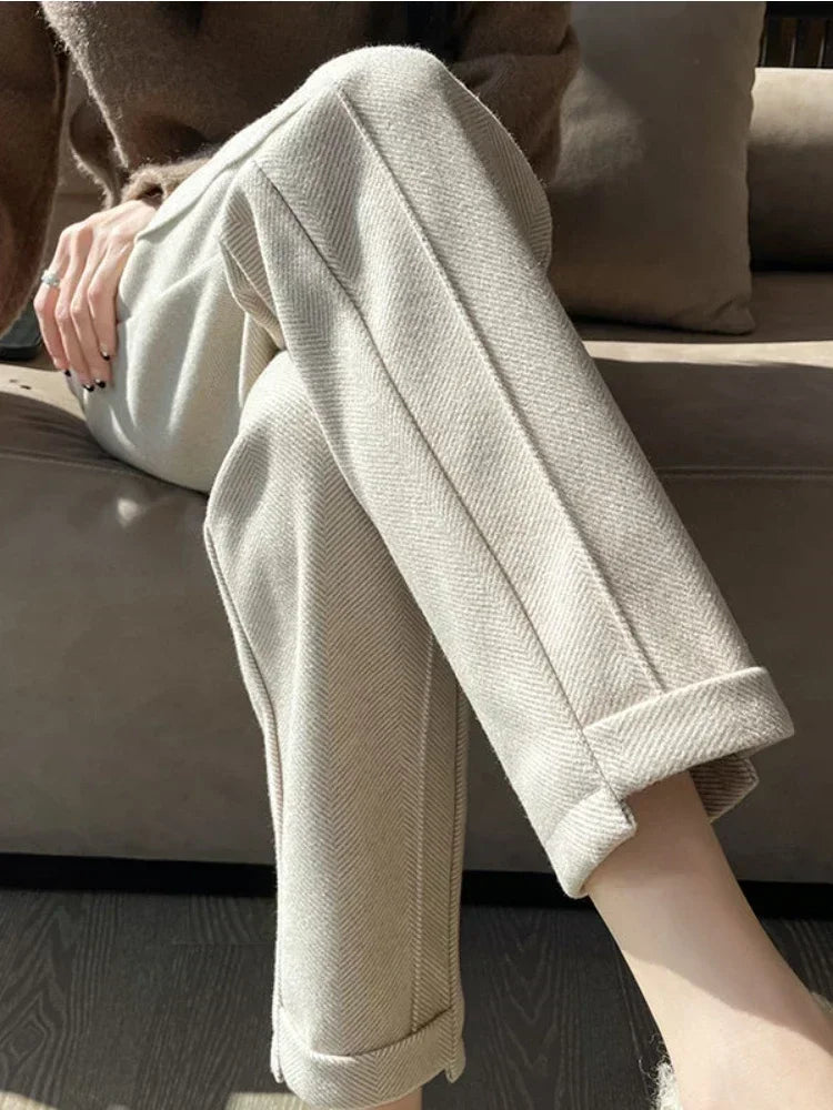 High-waisted Tweed Straight Pants Loose Casual Herringbone  Cropped Trousers