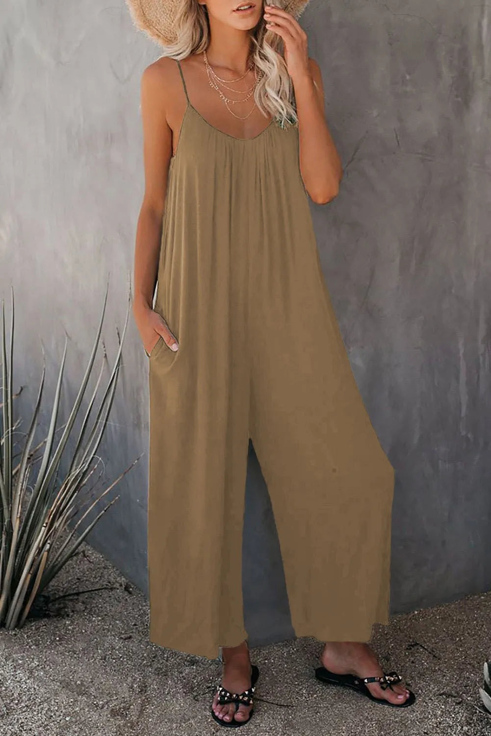 European and American Suspender  Women's Summer Foreign Trade Solid Color Pocket Casual Jumpsuit