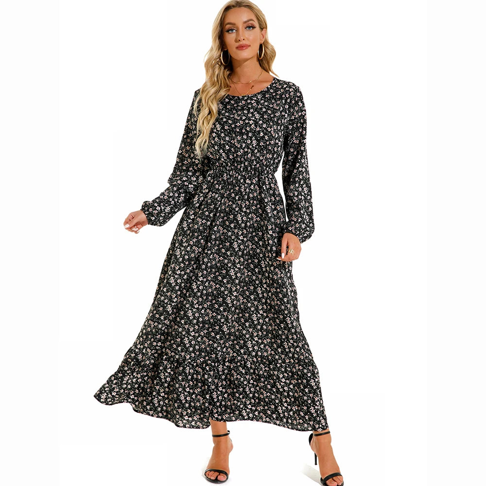 Bohemian Women's Maxi Dress Casual Long Sleeve High Waist Beach Woman Chiffon Dresses Floral