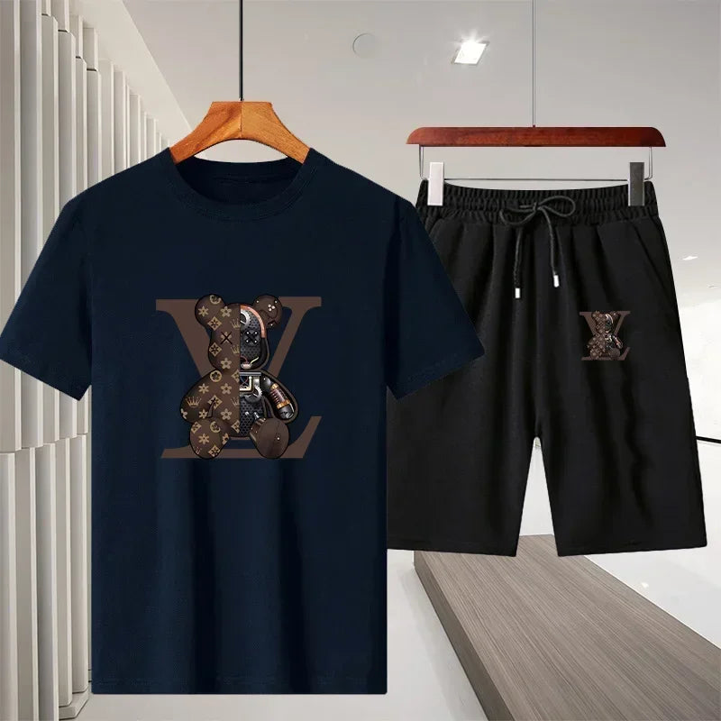Men's short-sleeved T-shirt sportswear set, summer casual outdoor fashion men's round-neck top + Shorts 2-piece set