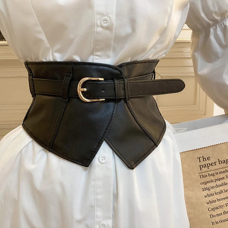 Classic Pin Buckle Wide Belts Black Elastic PU Waistband Trendy Corset Waspie Belt Classic Dress Girdle For Women