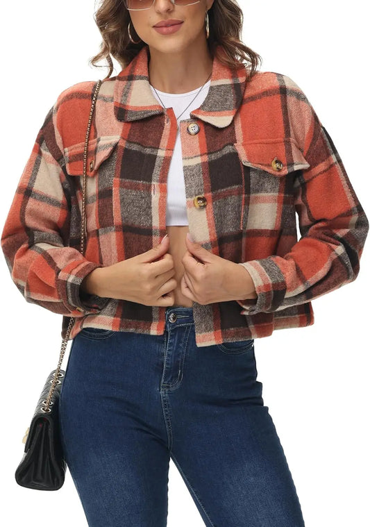 Oversized Plaid Shacket - Cozy Long Sleeve Button Down Jacket with Pockets Cropped