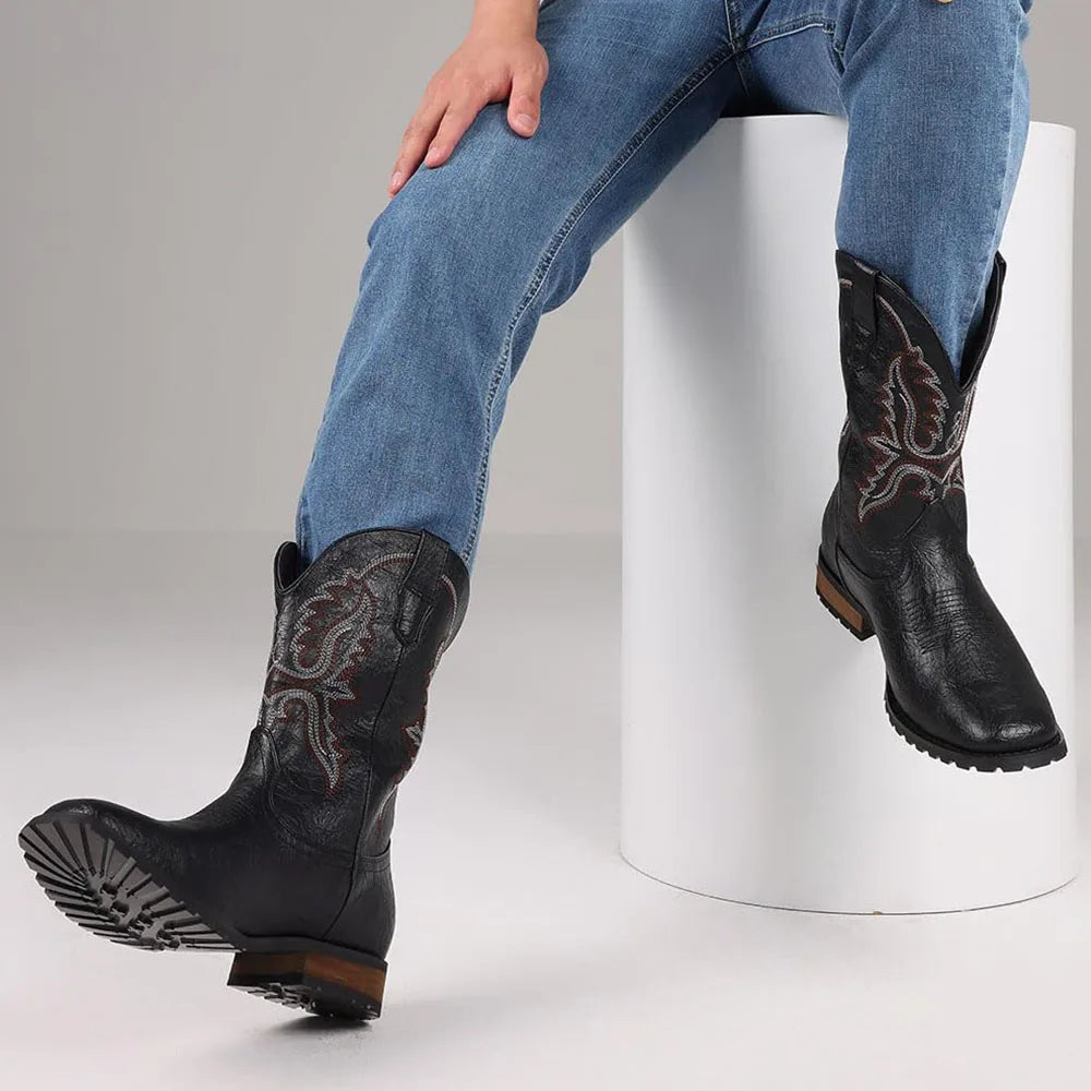 Plus size 12.5 Fashion Retro Square Toe Neutral Cowboy Boots Luxury Embroidered Concise Pull-on Western Boots